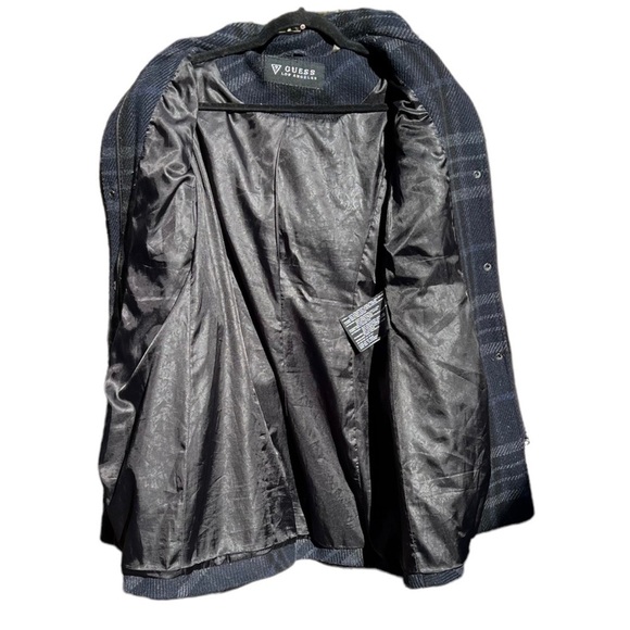 🌻GUESS Blue & Black Plaid Hooded Wool-Blend Trench Coat Jacket Size Medium - Picture 6 of 11